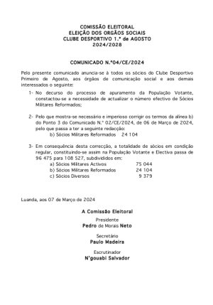 COMUNICADO N° 4/CE/2024  COMISSÃO ELEITORAL DOS ÓRGÃOS SOCIAIS DO CLUBE DESPORTIVO 1° DE AGOSTO(2024/2028)